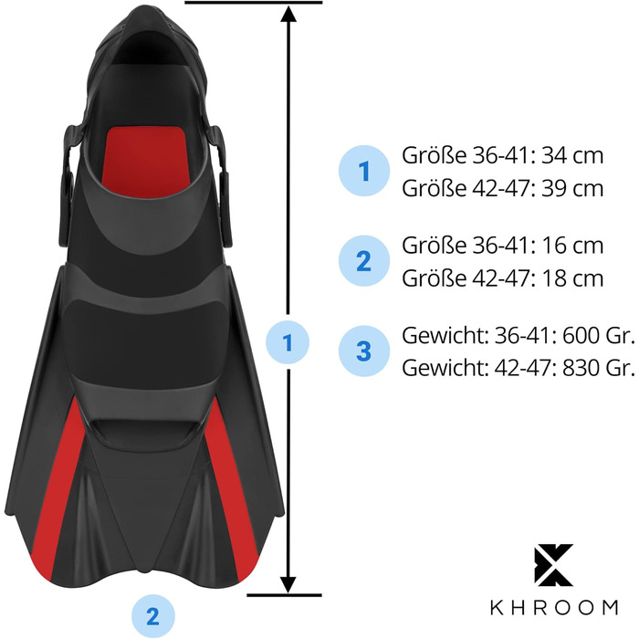 Короткі ласти Khroom для дорослих для снорклінгу розмір 36-47 Регульовані короткі ласти Ласти для підводного плавання виробництва Італії - ласти преміум-класу з сумкою через плече Плавці (42-47, червоні)