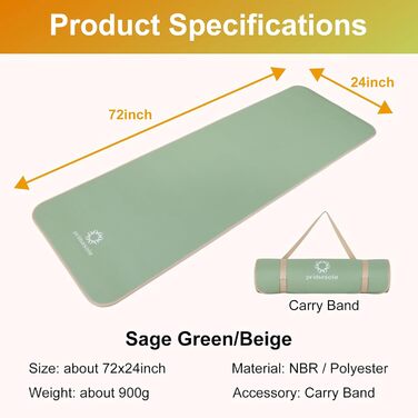 Килимок для йоги та фітнесу Primasole 1/2'' з ременем і чохлом, 183×61 см, салатовий/бежевий