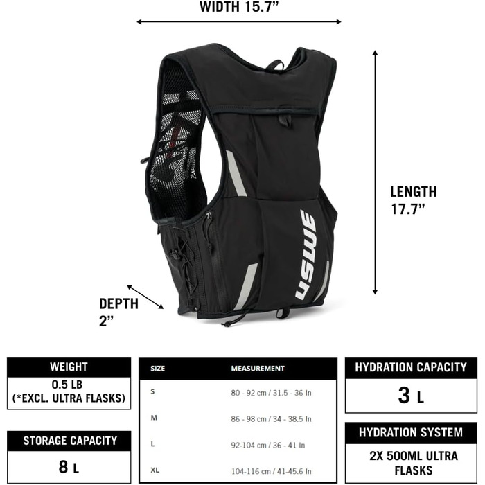 Жилет біговий USWE Pace 8 л з пляшками, унісекс, білий/чорний, S-M