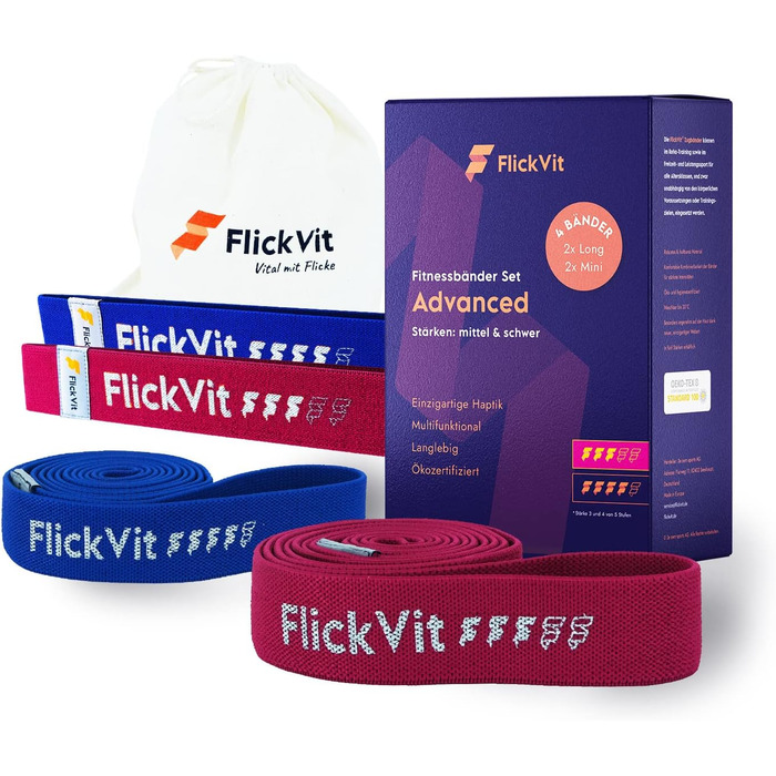 Фітнес-гумки FlickVit Physio, Beginner, Advanced, Pro, 5 Strengths + сумка