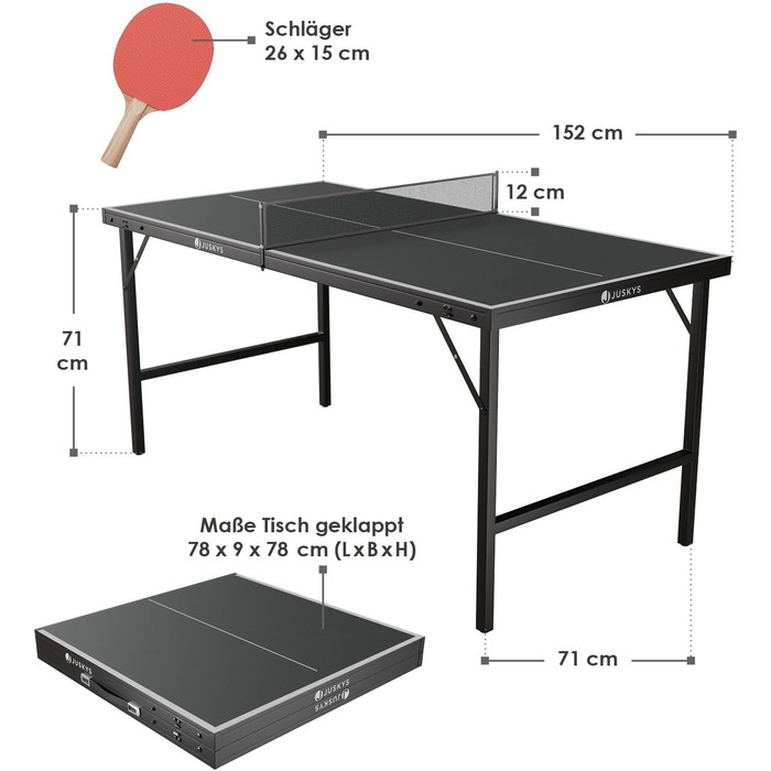 Міні-стіл для настільного тенісу Juskys Flexi з аксесуарами - Стіл маленький і складний - Гра в приміщенні для дому та в дорозі - Набір для настільного тенісу - Настільний теніс чорний