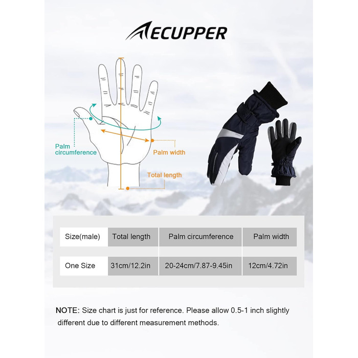 Зимові рукавички Вітрозахисні водонепроникні лижні рукавички для жінок і чоловіків з теплою м'якою підкладкою (темно-синій - 31 см (L))
