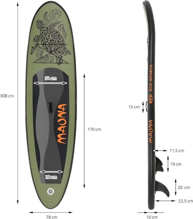 Надувна SUP-дошка ECD Germany Maona 308 см, PVC, алюмінієве весло, комплект, бірюзова/чорна/рожева/сіра/оливкова – для серфінгу, веслування, паддлборду