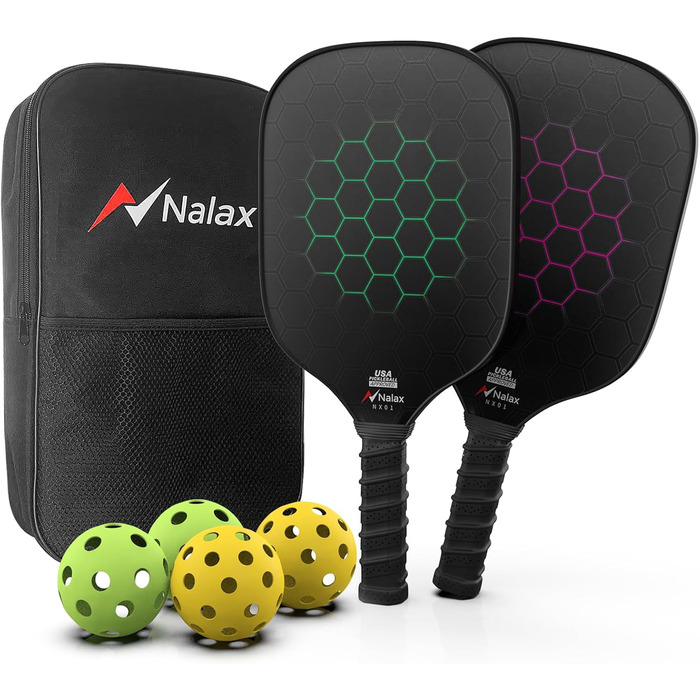 Піклбол ракетки Nalax з фібергласу та графіту, USAPA сертифікат, полімерний сердечник, комплект з 2 ракеток, 4 м'ячів і сумки для чоловіків і жінок