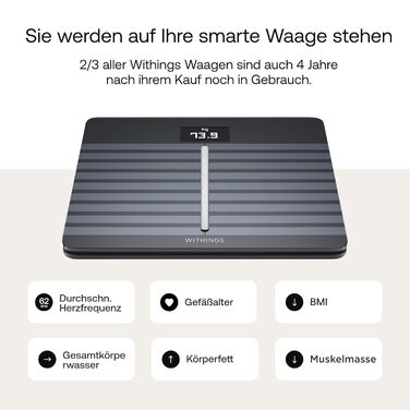 Розумні ваги зі шкалою жиру в організмі, вимірюванням частоти серцевих скорочень, судинного віку, ІМТ, жиру в організмі, м'язової маси та відсотка води - кардіо Black Black Body