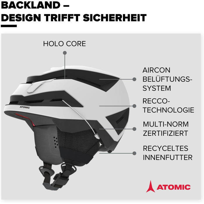 Гірськолижний шолом ATOMIC BACKLAND Light & Safe - Максимальна амортизація - Активна система вентиляції Aircon - 3D амбушури система 360 Fit для ідеальної посадки (White, 59-63)