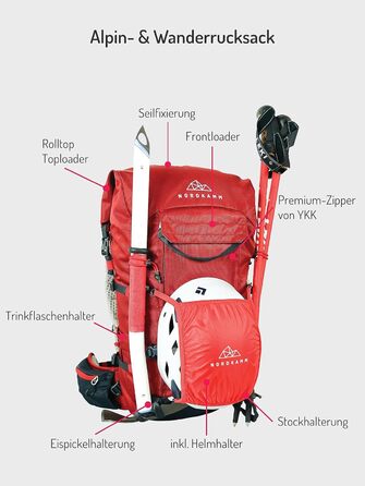 Туристичний рюкзак NORDKAMM Antares Alpine 30 л, червоний, RollTop, унісекс, для гірського туризму, альпінізму, скелелазіння, лижних та високогірних походів