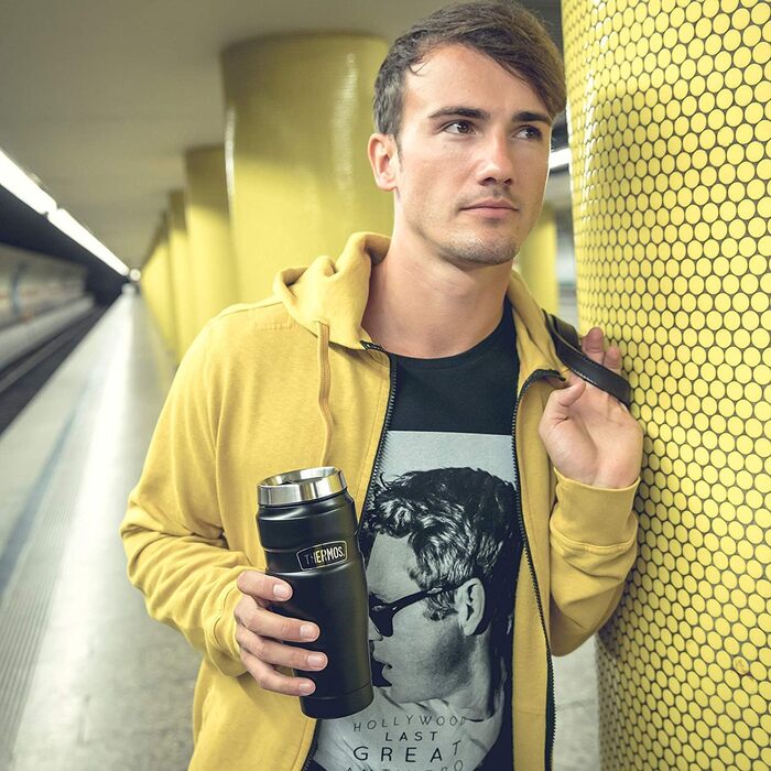 Термокружка Thermos STAINLESS KING, нержавіюча сталь, чорна матова, 0,47 л, для кави та чаю, герметична, з гачком для пакетика, BPA-free, зберігає тепло 7 годин, холод 18 годин, можна мити в посудомийці