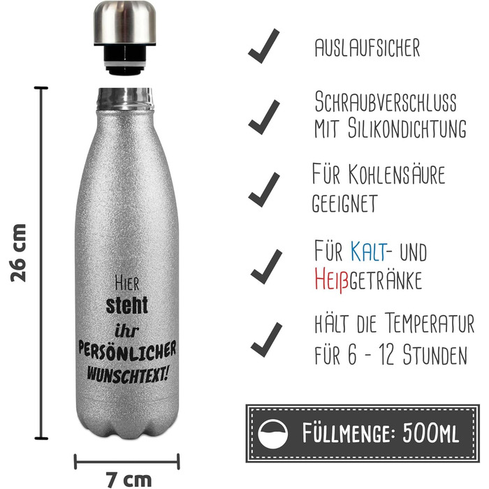 Королівська пляшка для води з нержавіючої сталі персоналізована - персоналізована з текстом - Термос Пляшка з блискітками, Пляшка для води без BPA, Подорожі, Кемпінг, Персоналізований подарунок з блискітками I, 500 мл (Срібло)