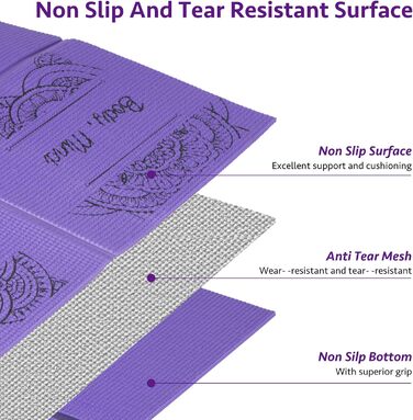 Складаний килимок для йоги для жінок, нековзний килимок для домашнього тренажерного залу, туристичний набір для йоги з еластичним ремінцем для йоги, пілатесу та фітнесу, товщиною 173 x 61 см x 5 мм (фіолетовий)
