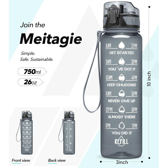 Пляшка MEITAGIE 1 л без BPA з фільтром і маркером, 740 мл