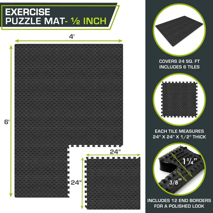 Гімнастичний килимок ProsourceFit 1,2 см, EVA-піна, чорний, протиковзкі пазлові плитки для підлоги, водонепроникне амортизуюче покриття для спортзалу