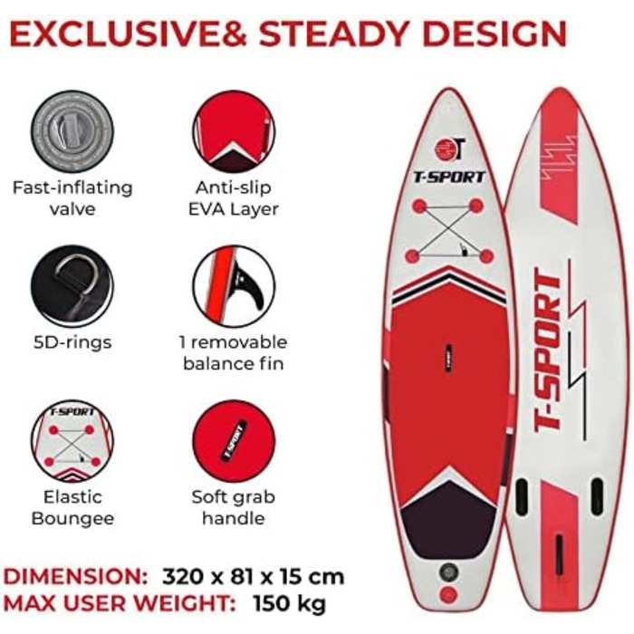 Надувна SUP-дошка для веслування стоячи 320×81×15 см з веслом, насосом і аксесуарами, універсальна для всіх рівнів, міцний серфборд