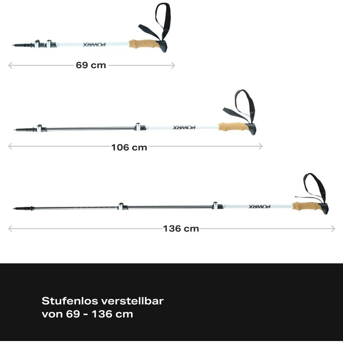 Туристичні палиці POWRX 69-136см Трекінгові палиці Алюмінієві палиці з антиударною амортизацією I Телескопічні регульовані, суперлегкі та incl. app білі