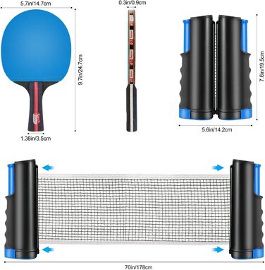 Набір весл для пінг-понгу Fostoy, 4 весла для пінг-понгу з 8 м'ячами для пінг-понгу, висувною сіткою та футляром для зберігання, ідеальний набір ракеток для настільного тенісу в приміщенні та на вулиці Family Fun, подарунковий синій