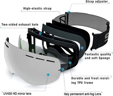 Лижні окуляри SPOSUNE OTG Окуляри для снігу для сноуборду поверх окулярів із сферичною подвійною змінною лінзою проти запотівання для чоловіків Жінки Молодіжні лижі Снігохід Окуляри та шолом сумісні, захист UV400 (сріблястий)