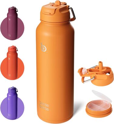 Спортивна пляшка для води bottlebottle, 1л, ізольована, нержавіюча сталь, з трубочкою та контейнером для пігулок, помаранчева