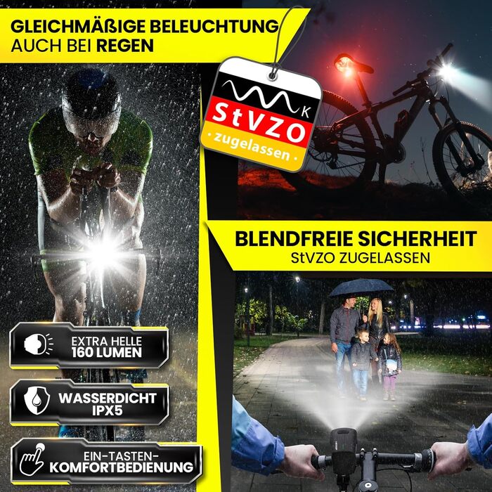 Комплект велосипедних ліхтарів Dunlop Sports — надяскравий LED з акумулятором, передня OSRAM лампа і заднє світло, StVZO, чорний