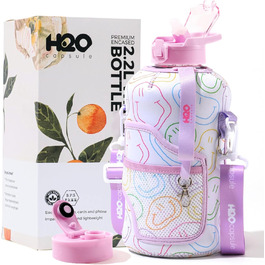 Пляшка для води H2O Capsule 2.2 л з чохлом і соломинкою, BPA-free, велика багаторазова фіолетова пляшка з ручкою та усмішкою