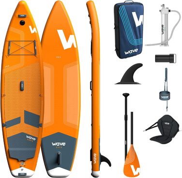 Пакет Wave Pro Professional SUP Надувна дошка для веслування преміум-класу Товщина 15,2 см включаючи аксесуари iSUP, сидіння для заміни байдарки, сумку для перенесення, повідець для щиколотки, ручний насос Широка стійка, нековзна палуба (10 футів, помаран