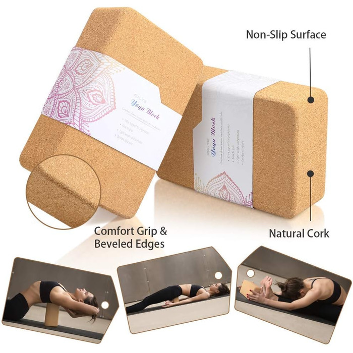 Упаковка ARLTB Cork Yoga Block 2 та набір для йоги з металевим D-подібним кільцем 10,2 x 15,2 x 22,9 см коркова цегла для йоги та ремінь для йоги 20,3 см натуральний та екологічний матеріал для будь-яких стилів йоги, корковий блок для йоги