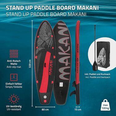 Надувна SUP-дошка ECD Germany Makani 320 см до 150 кг, комплект з алюмінієвим веслом, насосом, аксесуарами, різні кольори