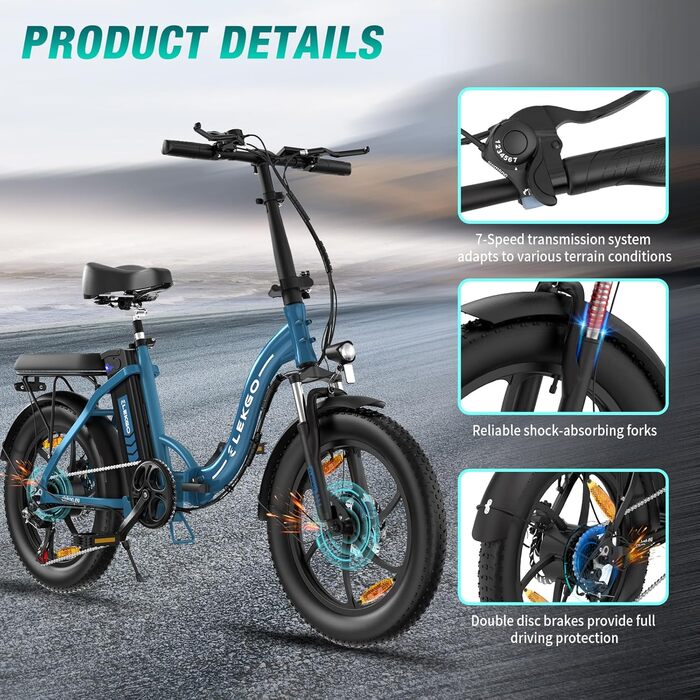 Велосипед ELEKGO E-Bike 20, 250W, 36V 12Ah, 7-шв., до 25 км/год, синій