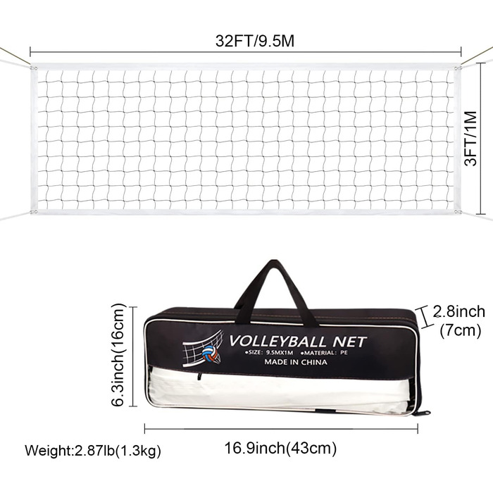 Спортивна волейбольна сітка AEUNIV Змінна волейбольна сітка стандартного розміру (9,5 м x 1 м) зі сталевим тросом, посиленими бічними стрічками для пляжу, саду, двору, басейну, гри на свіжому повітрі, у приміщенні (лише сітка)