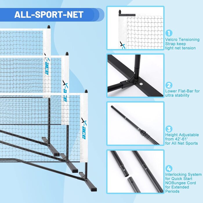 Портативна сітка для бадмінтону X-ACE 20 футів - регульована по висоті сітка для бадмінтону для тенісу, футболу, тенісу та піклболу - міцна конструкція та проста установка в саду та на відкритому повітрі