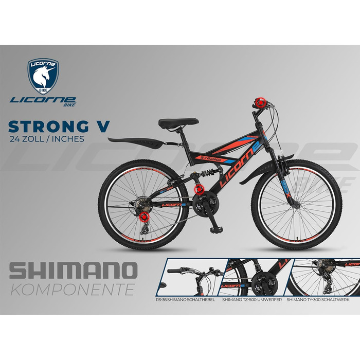 Гірський велосипед Licorne Bike PREMIUM Strong V 24 і 26 дюймів - велосипед для хлопчиків, дівчаток, жінок і чоловіків - 21 швидкісна передача - повна підвіска (чорний/синій/помаранчевий, 24,0 дюйма)