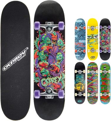 Скейтборд Osprey Absolute Beginner Double Kick Trick, 78,7 x 20,3 см, Maple Deck Piranha