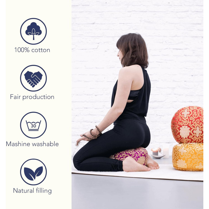 Подушка для медитації Yoga Shop Подушка для йоги Парча 15см - Подушка для сидіння для йоги з чохлом, який можна прати - Подушка для підлоги Yoga Cushion з наповнювачем з органічного гречаного лушпиння рожева