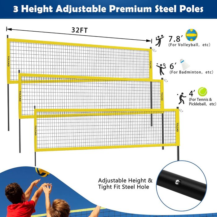 Портативний набір волейбольних сіток TOLEAD для саду, пляжу, з системою проти провисання, регульованими по висоті штангами, волейбольним м'ячем з насосом і сумкою для перенесення