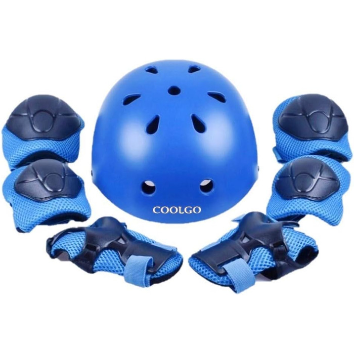 Шолом для скейтборду Kids, COOLGOEU 7 в 1 Protector Set Kids з наколінниками, налокітниками та наручниками для роликових ковзанів, скейтборду, гіроскутера, велосипеда, BMX велосипеда (синій)