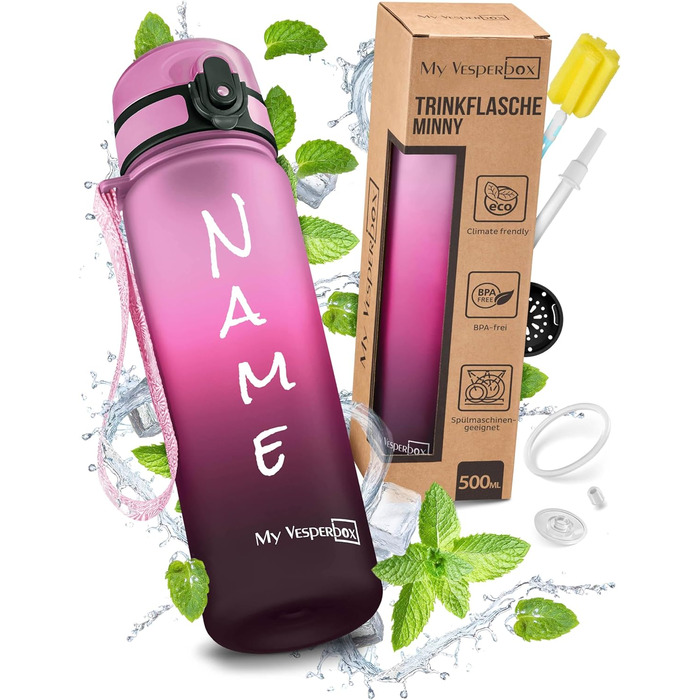 Дитяча пляшка для води My Vesperbox Minny 500 мл з іменем, BPA Free, соломка/сито, для школи та спорту, рожево-фіолетова-чорна