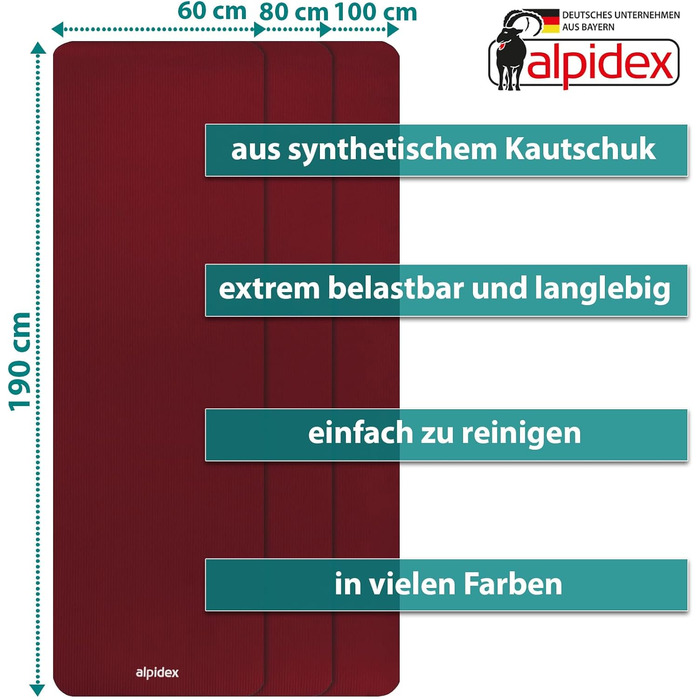 Килимок для йоги ALPIDEX товстий 1,5 см, не ковзає, без фталатів, Бордо