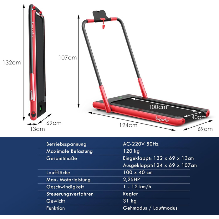 Складна бігова доріжка COSTWAY 2 в 1 2.25HP (червоний)