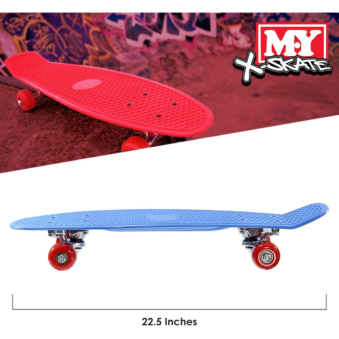 Скейтборд для початківців M.Y X-Skate Complete 55,9 см синій пластиковий ретро для дітей, підлітків та дорослих, вафельний стиль, кулькові підшипники ABEC 7 для трюків та круїзів