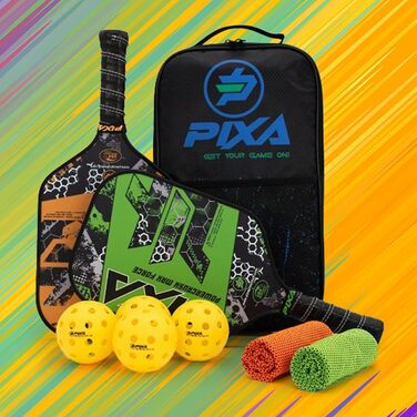 Набір для піклболу PIXA Powercrush Max Force: 2 ракетки з T-300 карбону, SpinMax-покриття, 16 мм, 4 м'ячі, 2 охолоджувальні рушники, сумка, для початківців і досвідчених