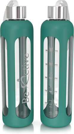 Be-Active пляшка для води 1 л з боросилікатного скла з силіконовим чохлом, без BPA, темно-зелена
