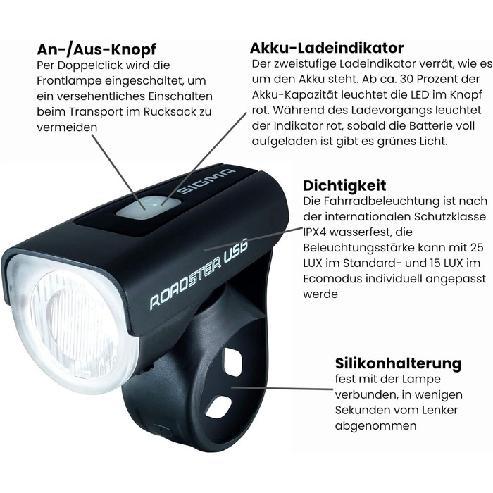 Комплект велосипедних ліхтарів Sigma Sport ROADSTER USB / NUGGET II, 25 люкс, акумуляторні, передня та задня LED фара, StVZO, чорний