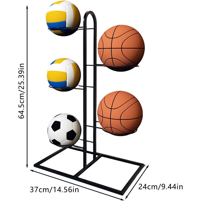 Підставка для м'ячів, полиця для зберігання м'ячів, вертикальне зберігання м'ячів - багатошарова баскетбольна підставка, зберігання м'ячів, футбольна стійка, тримач для баскетболу, чавунний органайзер для спортивних м'ячів (чорний, 5)