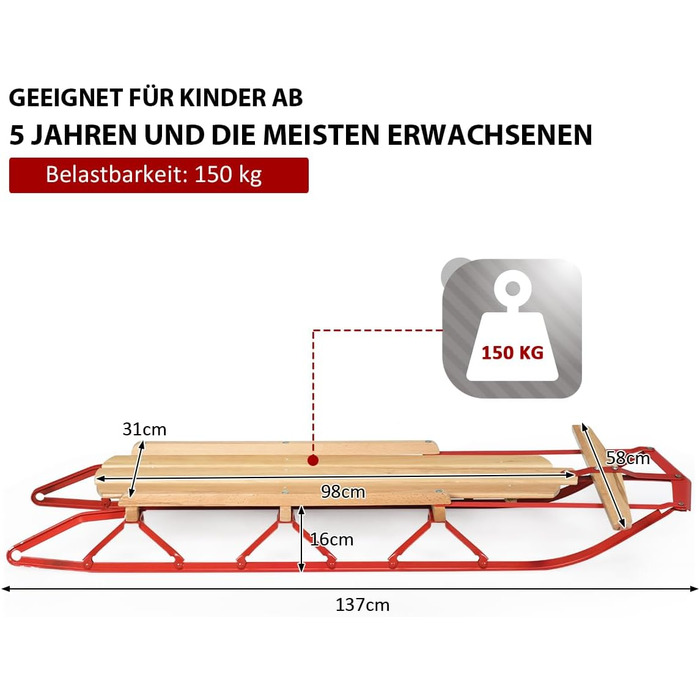 Санки дерев'яні COSTWAY 137 см, 150 кг, для дітей і дорослих