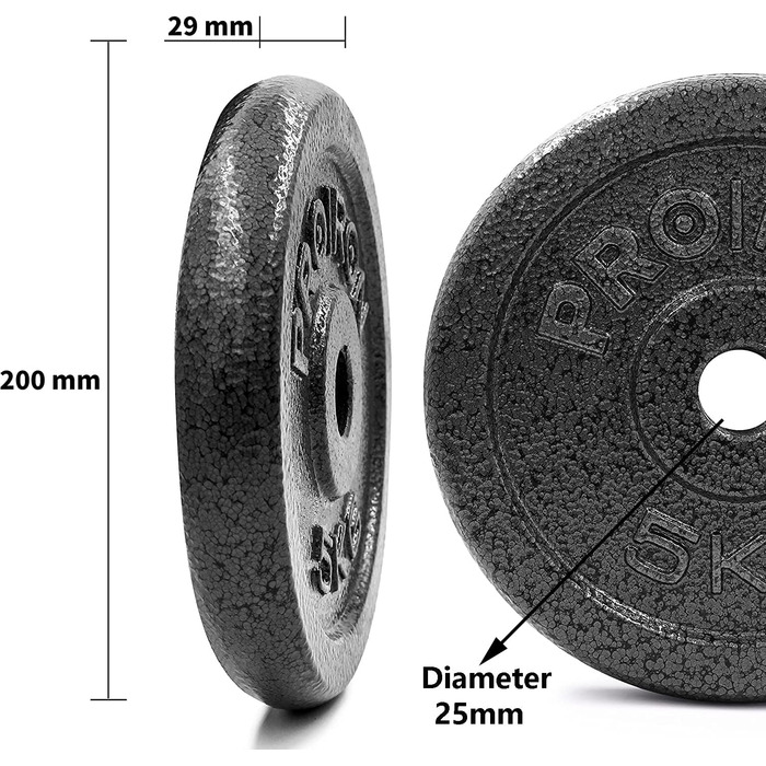 Набір чавунних пластин PROIRON, 1,25 кг, 2,5 кг, 5 кг, 10 кг (різні розміри) для штанги 2,5 см (C- 2 x 5,0 кг)