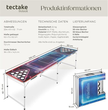 Стіл для пивного пінг-понгу tectake® Beer Pong, складаний, регульований по висоті, з ручками, у комплекті 100 стаканів (50 червоних, 50 синіх) і 6 м’ячів, настільна гра для вечірок, для дорослих