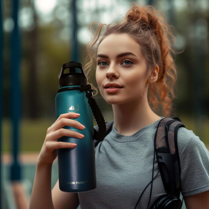 Термос-бутилка NATURE PIONEOR 1,2 л з нержавіючої сталі з паракордовою ручкою, вакуумна, спортивна, 3 кришки, з широкою горловиною, герметична, для гарячих і холодних напоїв