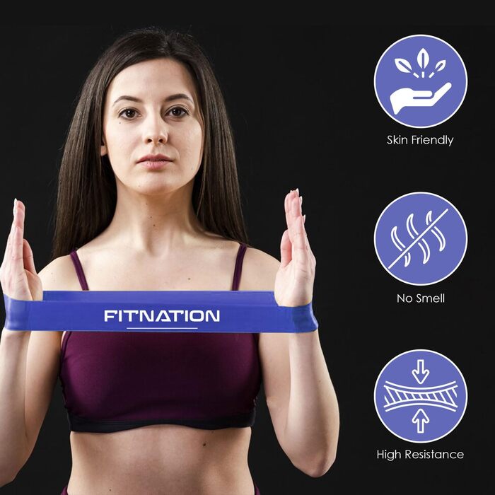 Набір стрічок опору FitNation - 5 пакетних стрічок опору для вправ різних рівнів - латексні стрічки для вправ для дому, тренажерного залу, пілатесу - Гумки для вправ для чоловіків і жінок з (синій)