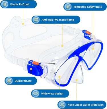 Набір трубок для дітей, Окуляри для дайвінгу та сухі трубки, Дитячі окуляри з легким диханням Суха трубка, Панорамні види Маска для дайвінгу Маска для підводного плавання Набір для дайвінгу (синій)