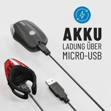 Набір велосипедних LED ліхтарів ABSINA, USB зарядка, 100 м, 180 люмен, 50 люкс, передній і задній, StVZO, велосипедне світло