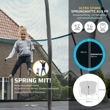 Батут SportPlus Outdoor 305 см & 366 см, з зовнішніми палицями, внутрішньою сіткою і крайовим покриттям, стійкою конструкцією каркаса, садовий батут для дітей і дорослих - Батут XXL (Pacific Blue - розмір L)